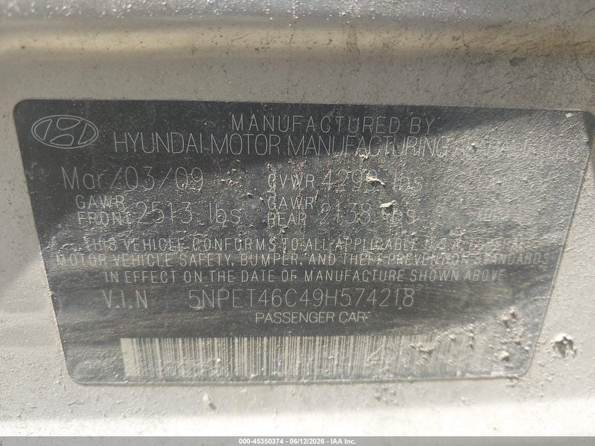 2009 Hyundai Sonata VIN 5NPET46C49H574218 IAAI salvage auction — NORMAL WEAR, Clear (New York), sold $450 on 2026-07-07 (photo 9)