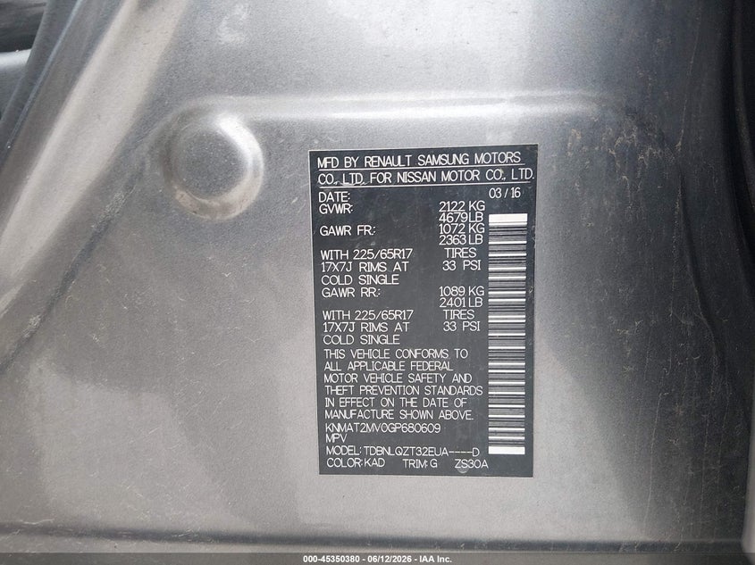 2016 Nissan Rogue VIN KNMAT2MV0GP680609 IAAI salvage auction — FRONT & REAR, Salvage (Ohio), sold $700 on 2026-07-22 (photo 9)