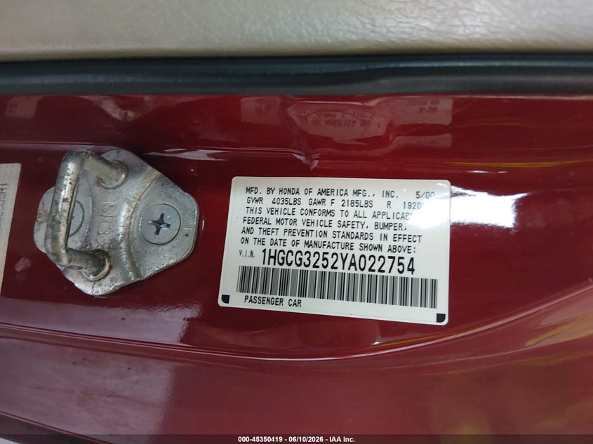 2000 Honda Accord VIN 1HGCG3252YA022754 IAAI salvage auction — FRONT END, Rebuildable (Florida), sold $275 on 2026-07-09 (photo 9)