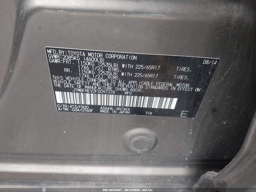 2015 Toyota Rav4 VIN JTMBFREV2FD097378 IAAI salvage auction — NORMAL WEAR, Clear (Virginia), sold $4,650 on 2026-07-14 (photo 9)