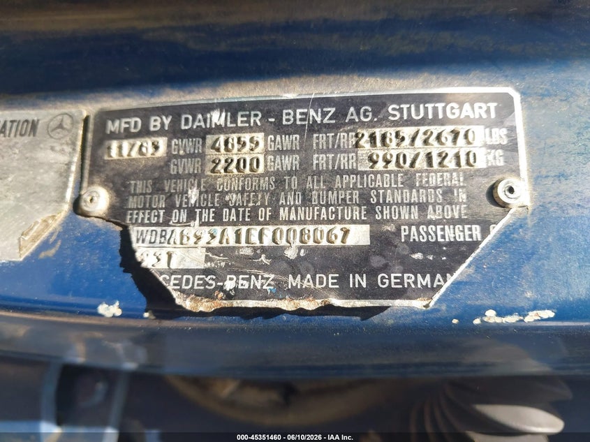 1984 Mercedes-benz 300 VIN WDBAB93A1EF008067 IAAI salvage auction — UNDERCARRIAGE, Clear (Mississippi), sold $325 on 2026-07-09 (photo 9)