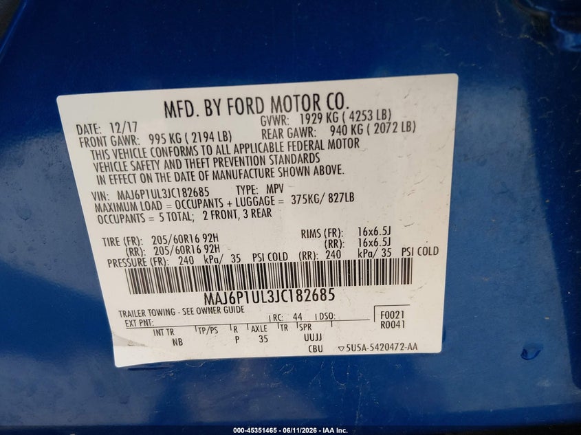 2018 Ford Ecosport VIN MAJ6P1UL3JC182685 IAAI salvage auction — LEFT FRONT, Salvage Title, sold $1,550 on 2026-07-22 (photo 9)