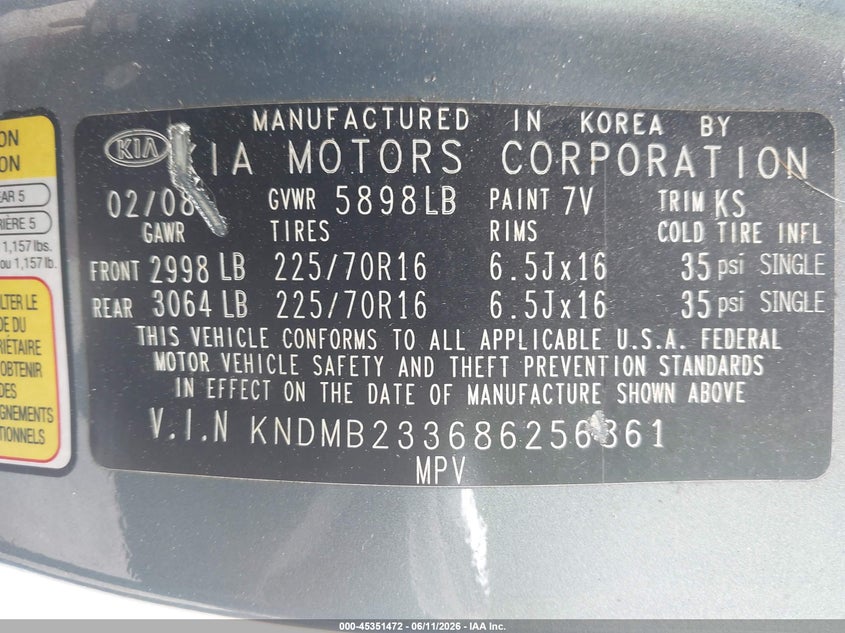 2008 Kia SEDONA VIN KNDMB233686256861 IAAI salvage auction — NORMAL WEAR, Original (Maine), sold $675 on 2026-07-06 (photo 9)