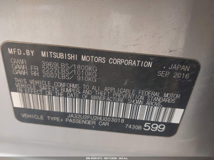2017 Mitsubishi Lancer VIN JA32U2FU2HU003018 IAAI salvage auction — RIGHT REAR, Clear (Michigan), sold $2,000 on 2026-07-14 (photo 9)