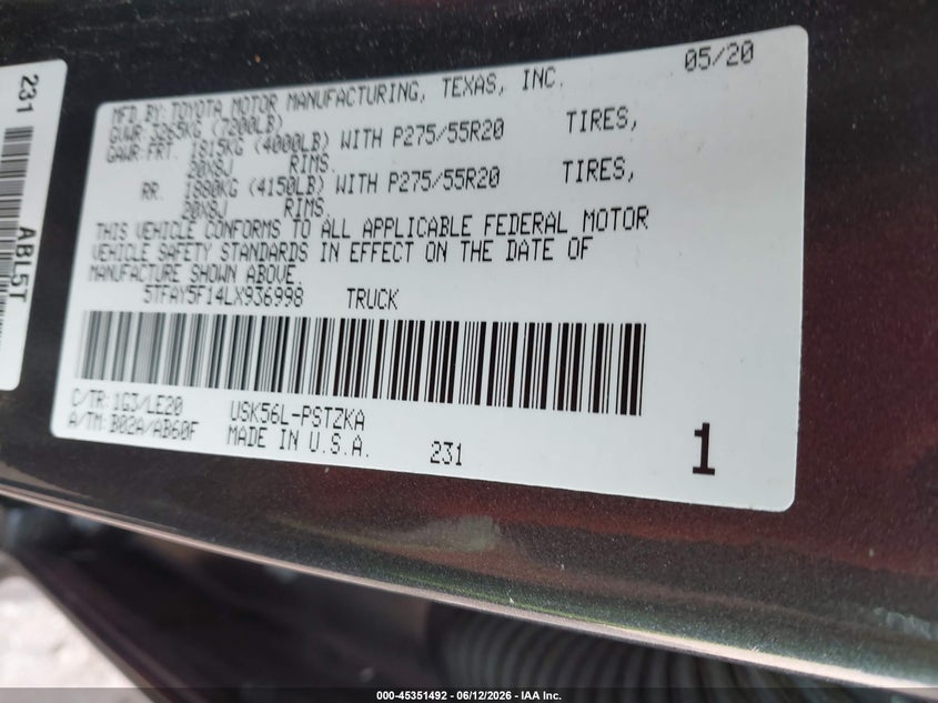 2020 Toyota Tundra VIN 5TFAY5F14LX936998 IAAI salvage auction — LEFT & RIGHT, Salvage (Alabama), sold $15,800 on 2026-07-22 (photo 9)