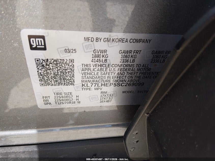 2025 Chevrolet Trax VIN KL77LHEP5SC269099 IAAI salvage auction — RIGHT FRONT, Salvage (Virginia), sold $3,600 on 2026-07-24 (photo 9)