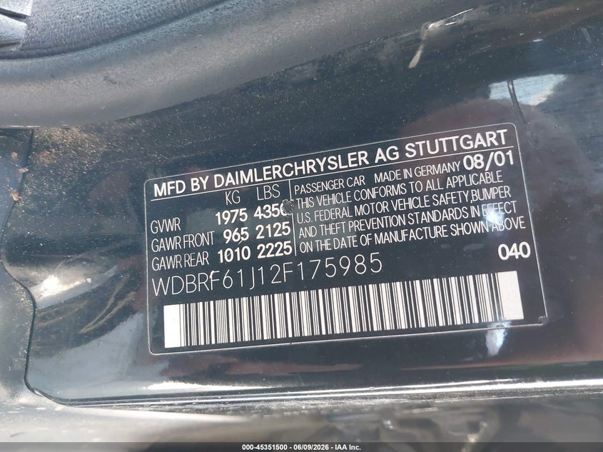 2002 Mercedes-benz C class VIN WDBRF61J12F175985 IAAI salvage auction — LEFT SIDE, Salvage (California), sold $325 on 2026-07-15 (photo 9)
