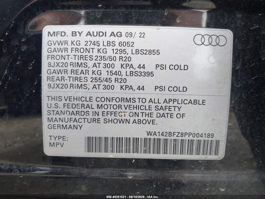 2023 Audi Q4 sportback e-tron VIN WA142BFZ8PP004189 IAAI salvage auction — RIGHT FRONT, Salvage (Pennsylvania), sold $10,200 on 2026-07-09 (photo 9)