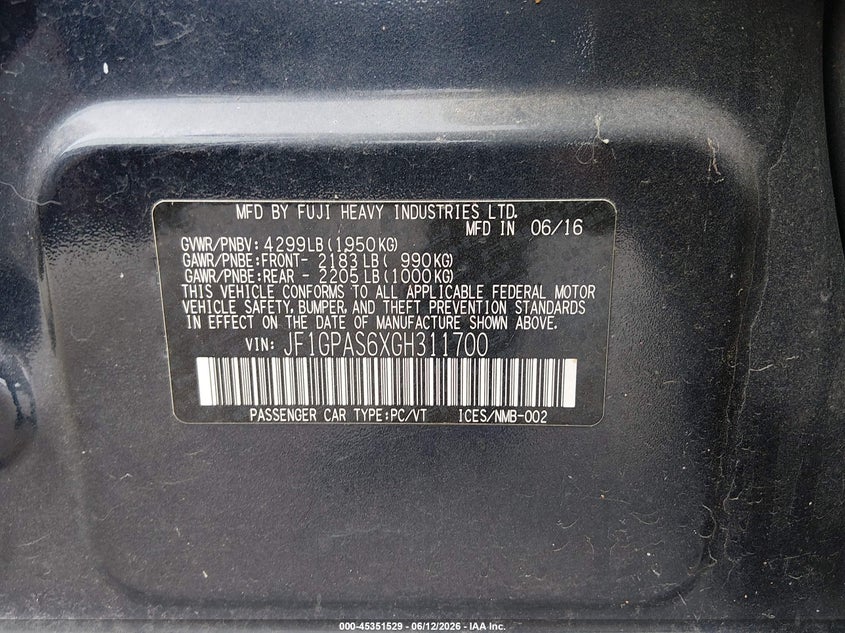 2016 Subaru Impreza VIN JF1GPAS6XGH311700 IAAI salvage auction — FRONT END, Salvage (Idaho), sold $1,050 on 2026-07-08 (photo 9)