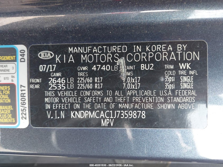 2018 Kia Sportage VIN KNDPMCAC1J7359878 IAAI salvage auction — NORMAL WEAR, Clear (Tennessee), sold $2,575 on 2026-07-08 (photo 9)