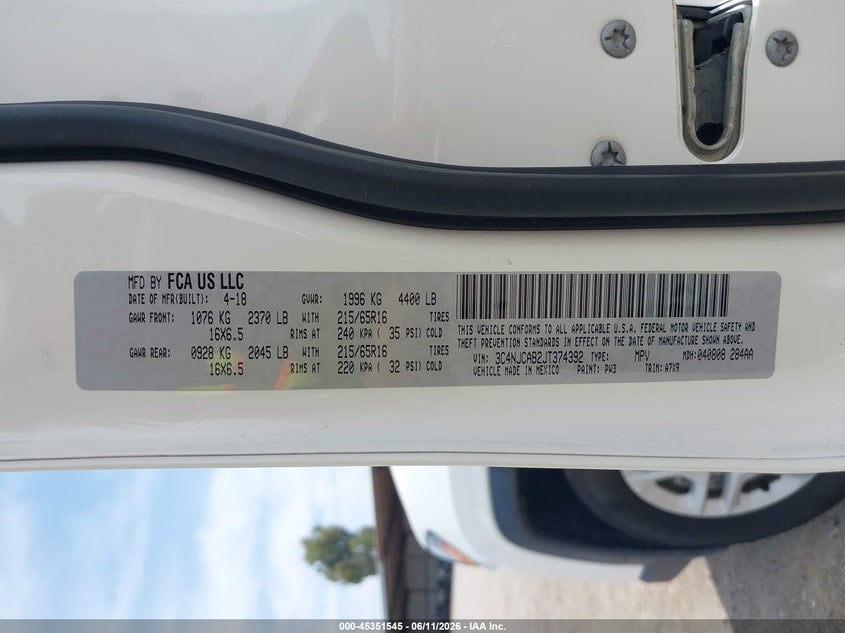 2018 Jeep Compass VIN 3C4NJCAB2JT374392 IAAI salvage auction — NORMAL WEAR, Sf97 (California), sold $7,100 on 2026-07-28 (photo 9)