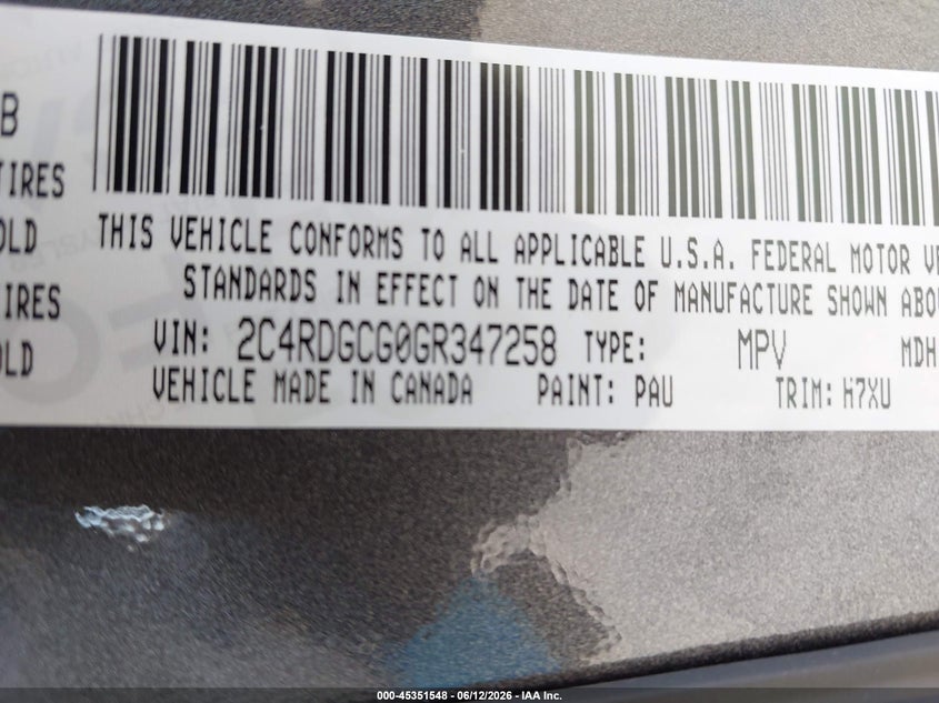2016 Dodge Grand caravan VIN 2C4RDGCG0GR347258 IAAI salvage auction — NORMAL WEAR, Sf97 (California), sold $7,700 on 2026-07-28 (photo 9)