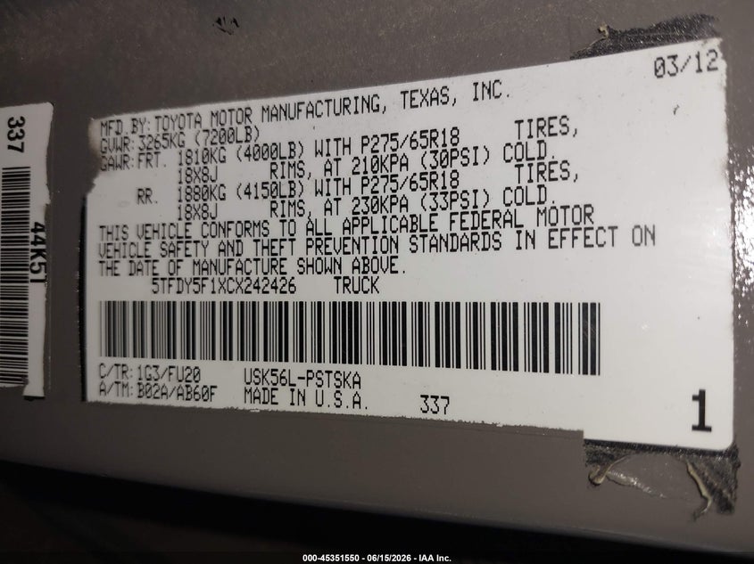 2012 Toyota Tundra VIN 5TFDY5F1XCX242426 IAAI salvage auction — FRONT END, Salvage (Arizona), sold $3,300 on 2026-07-07 (photo 9)