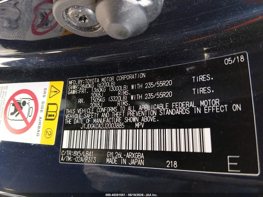 2018 Lexus Rx VIN JTJDGKCA2J2003885 IAAI salvage auction — FRONT END, Salvage (Ohio), sold $10,000 on 2026-07-28 (photo 9)