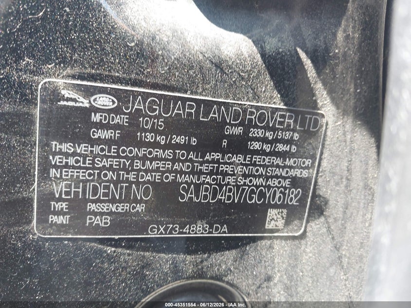 2016 Jaguar Xf VIN SAJBD4BV7GCY06182 IAAI salvage auction — FRONT END, Salvage (South Carolina), sold $1,550 on 2026-07-19 (photo 9)