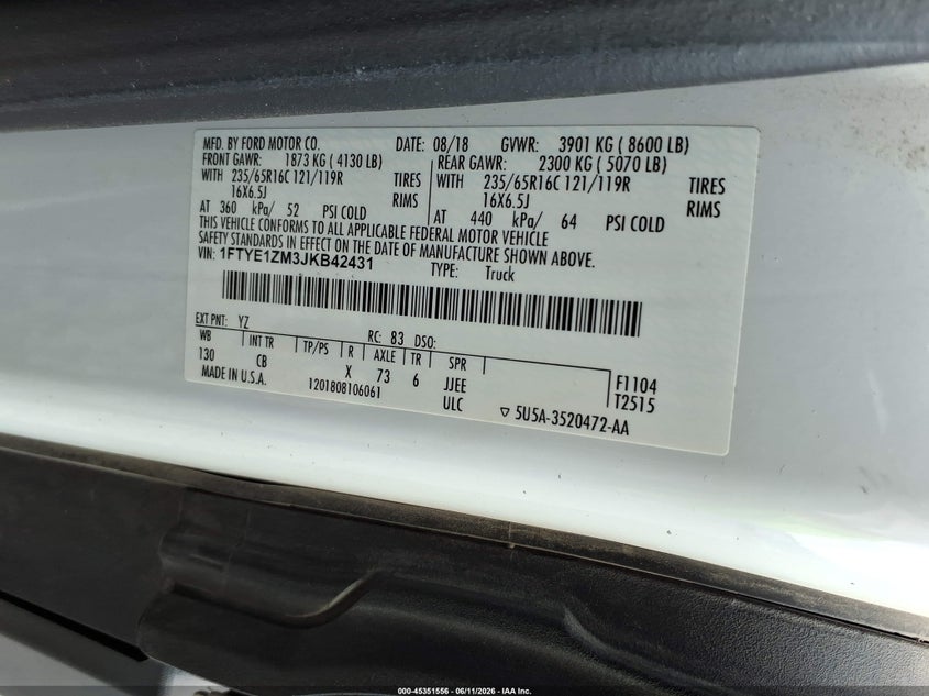 2018 Ford Transit 150 VIN 1FTYE1ZM3JKB42431 IAAI salvage auction — RIGHT SIDE, Sf97 (North Carolina), sold $13,975 on 2026-08-13 (photo 9)
