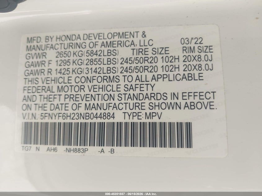 2022 Honda Pilot VIN 5FNYF6H23NB044884 IAAI salvage auction — RIGHT SIDE, Salvage Title, sold $9,700 on 2026-07-31 (photo 9)
