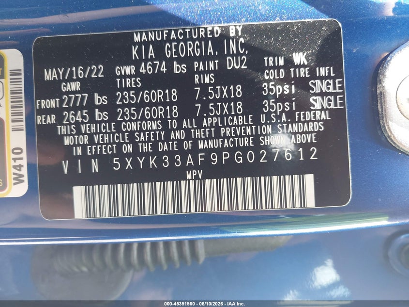 2023 Kia Sportage VIN 5XYK33AF9PG027612 IAAI salvage auction — RIGHT REAR, Salvage (Pennsylvania), sold $7,900 on 2026-07-14 (photo 9)