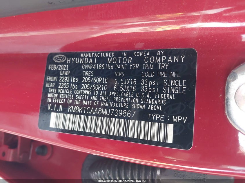 2021 Hyundai Kona VIN KM8K1CAA8MU739867 IAAI salvage auction — LEFT FRONT, Salvage (Missouri), sold $2,500 on 2026-07-21 (photo 9)