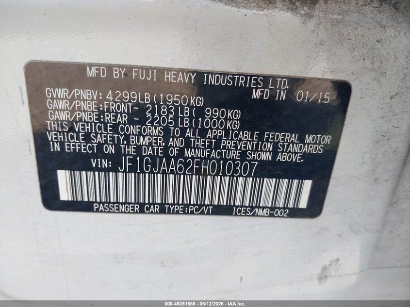 2015 Subaru Impreza VIN JF1GJAA62FH010307 IAAI salvage auction — LEFT FRONT, Salvage Title, sold $575 on 2026-07-29 (photo 9)
