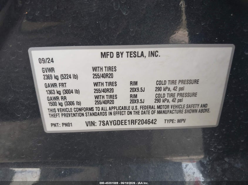 2024 Tesla Model y VIN 7SAYGDEE1RF204642 IAAI salvage auction — ROOF, Salvage Title, sold $16,400 on 2026-08-29 (photo 9)