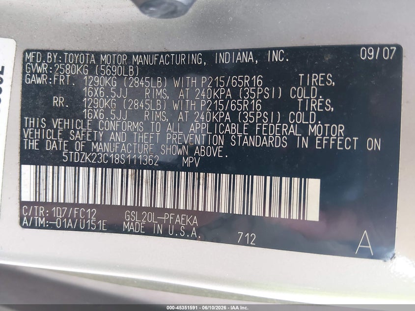 2008 Toyota Sienna VIN 5TDZK23C18S111362 IAAI salvage auction — NORMAL WEAR, Clear (Missouri), sold $525 on 2026-07-21 (photo 9)