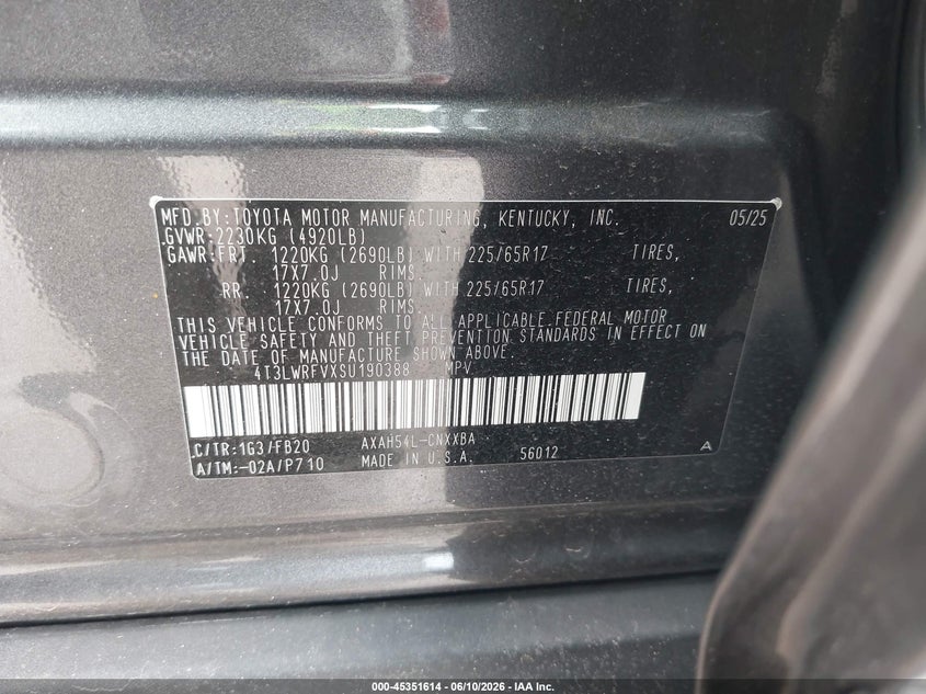 2025 Toyota Rav 4 VIN 4T3LWRFVXSU190388 IAAI salvage auction — REAR END, Salvage Title, sold $10,600 on 2026-07-29 (photo 9)