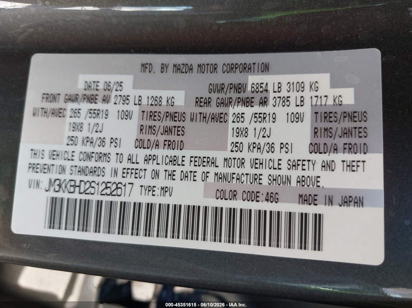 2025 Mazda Cx-90 VIN JM3KKBHD2S1252617 IAAI salvage auction — Burn Engine, Salvage Title, sold $19,825 on 2026-08-25 (photo 9)