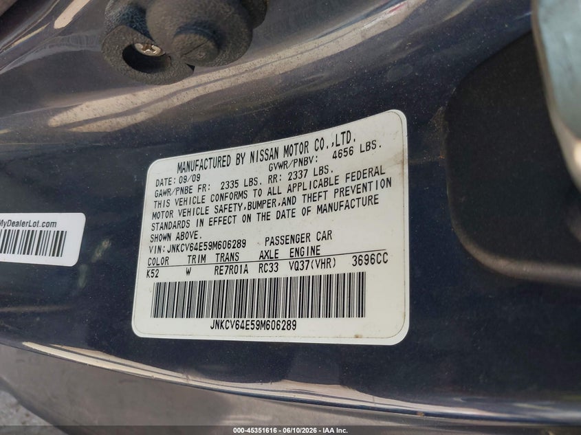 2009 Infiniti G VIN JNKCV64E59M606289 IAAI salvage auction — FRONT & REAR, Salvage (Texas), sold $250 on 2026-07-07 (photo 9)