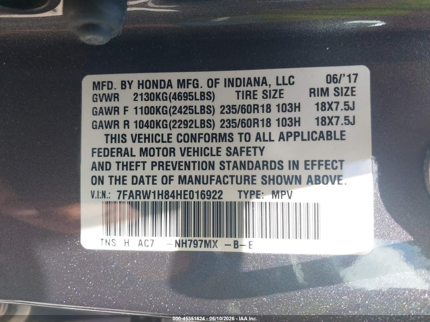 2017 Honda Cr-v VIN 7FARW1H84HE016922 IAAI salvage auction — RIGHT FRONT, Clear (Arkansas), sold $6,200 on 2026-07-22 (photo 9)