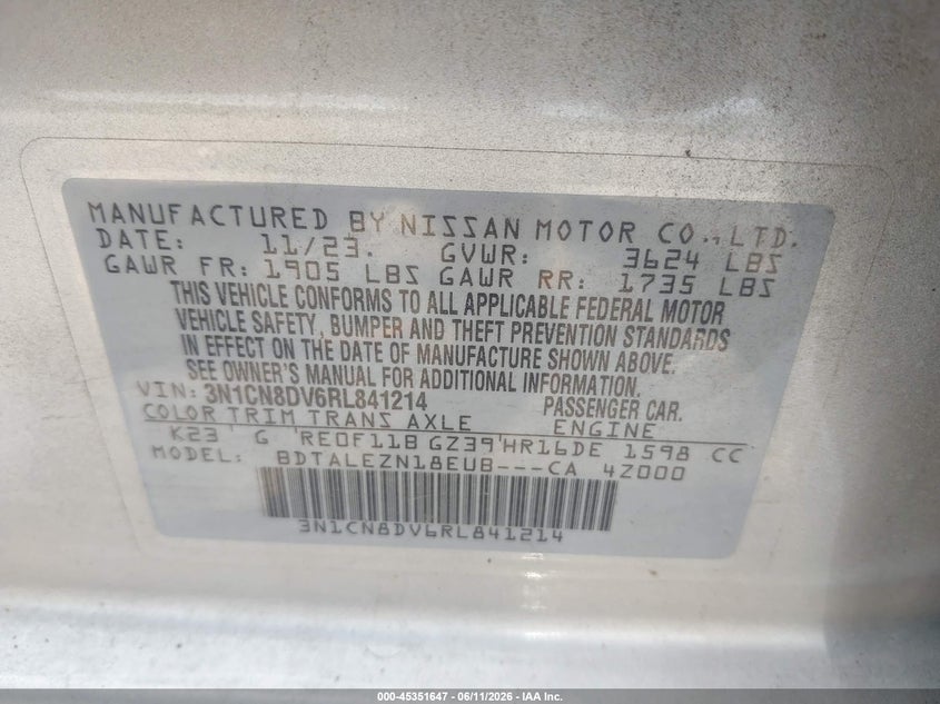 2024 Nissan Versa VIN 3N1CN8DV6RL841214 IAAI salvage auction — FRONT END, Salvage (Tennessee), sold $2,025 on 2026-07-09 (photo 9)