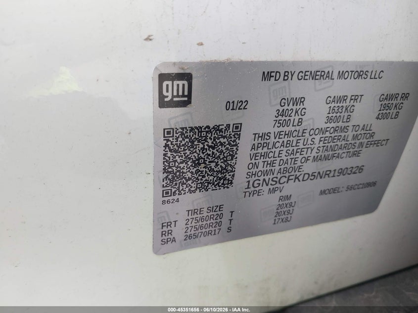 2022 Chevrolet Suburban VIN 1GNSCFKD5NR190326 IAAI salvage auction — UNKNOWN, Clear (Oklahoma), sold $23,675 on 2026-07-11 (photo 9)