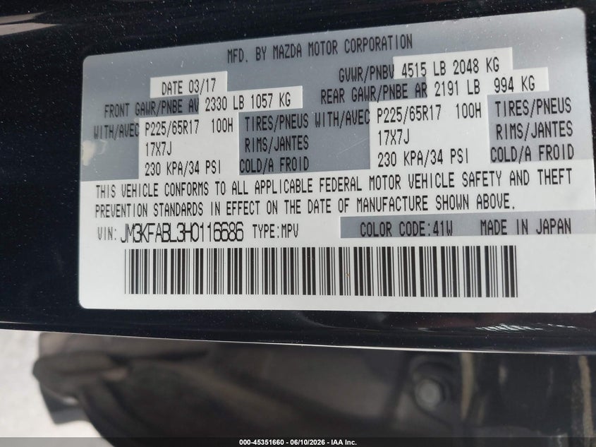 2017 Mazda Cx-5 VIN JM3KFABL3H0116686 IAAI salvage auction — FRONT END, Salvage (North Carolina), sold $3,300 on 2026-07-08 (photo 9)