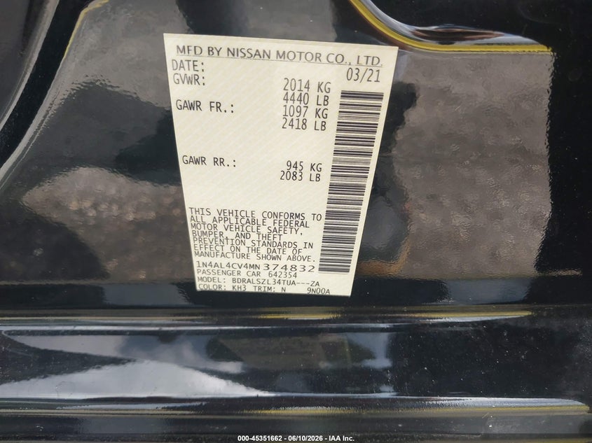 2021 Nissan Altima VIN 1N4AL4CV4MN374832 IAAI salvage auction — NORMAL WEAR, Clear (Florida), sold $4,625 on 2026-07-28 (photo 9)