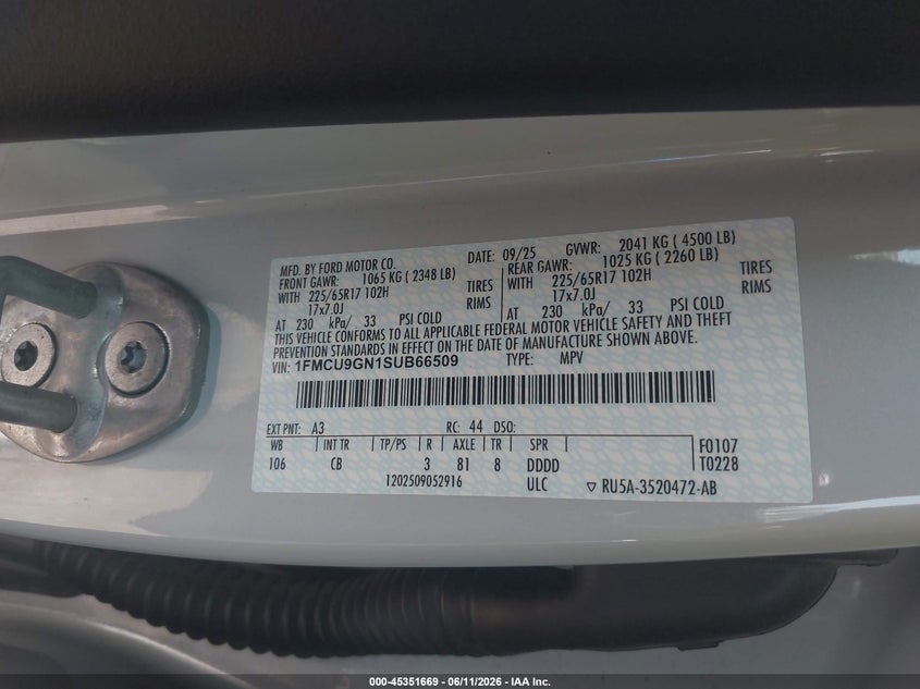 2025 Ford Escape VIN 1FMCU9GN1SUB66509 IAAI salvage auction — FRONT END, Salvage (Ohio), sold $3,300 on 2026-07-31 (photo 9)