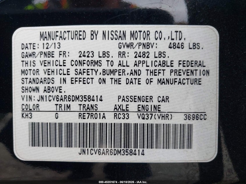 2013 Infiniti G VIN JN1CV6AR6DM358414 IAAI salvage auction — NORMAL WEAR, Salvage Title, sold $400 on 2026-07-29 (photo 9)