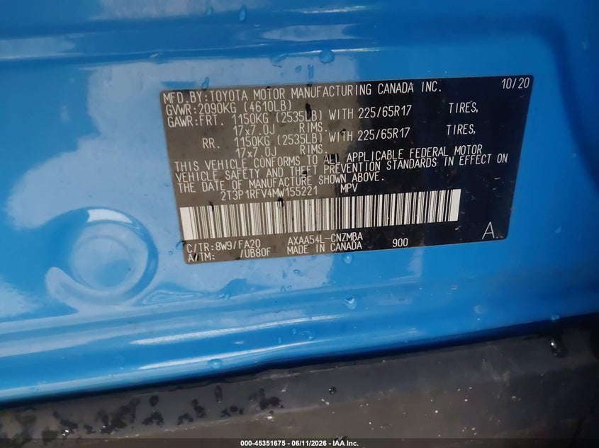 2021 Toyota Rav 4 VIN 2T3P1RFV4MW155221 IAAI salvage auction — BIOHAZARD/CHEMICAL, Salvage (Minnesota), sold $5,700 on 2026-08-16 (photo 9)