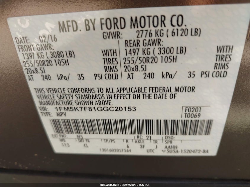 2016 Ford Explorer VIN 1FM5K7F81GGC20153 IAAI salvage auction — FRONT END, Salvage Title, sold $2,050 on 2026-08-03 (photo 9)