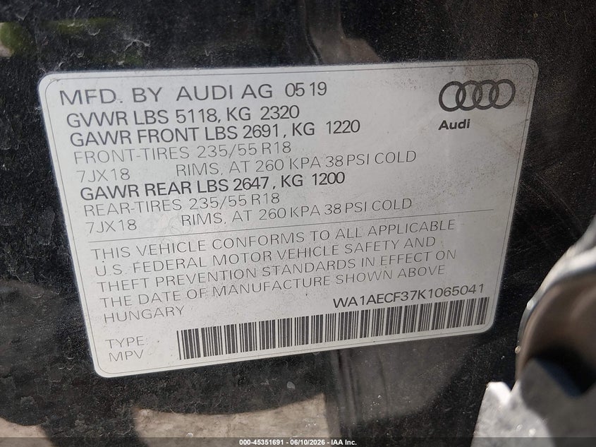 2019 Audi Q3 VIN WA1AECF37K1065041 IAAI salvage auction — FRONT END, Rebuildable (Florida), sold $2,125 on 2026-07-31 (photo 9)