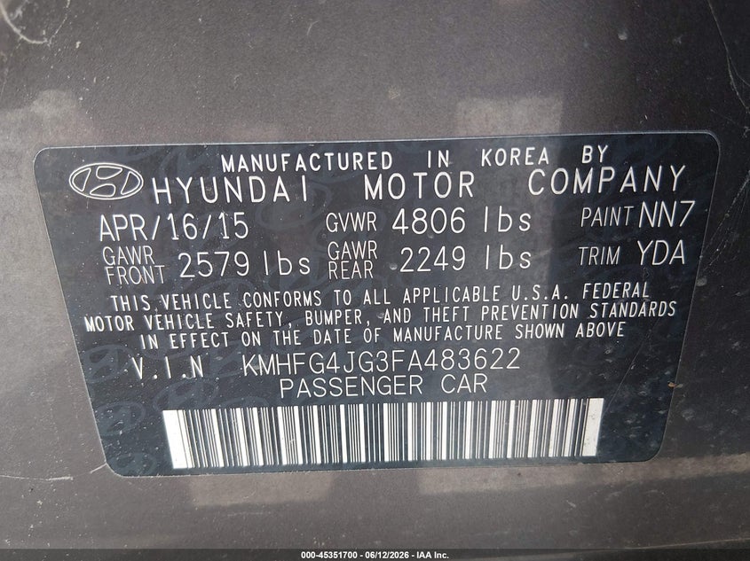 2015 Hyundai Azera VIN KMHFG4JG3FA483622 IAAI salvage auction — RIGHT FRONT, Salvage (Missouri), sold $25 on 2026-07-28 (photo 9)