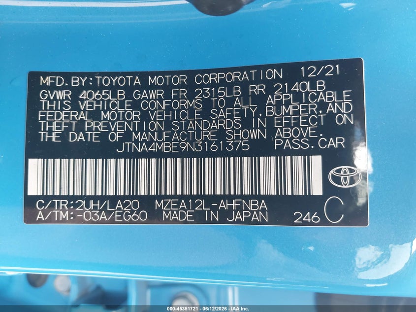 2022 Toyota Corolla VIN JTNA4MBE9N3161375 IAAI salvage auction — SIDE, Clear (Arkansas), sold $5,200 on 2026-07-16 (photo 9)