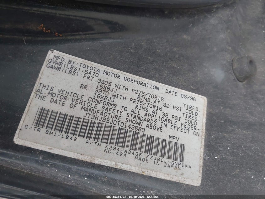 1996 Toyota Land cruiser VIN JT3HJ85J0T0143880 IAAI salvage auction — NORMAL WEAR, Clear-Endorsement (Wisconsin), sold $2,125 on 2026-07-28 (photo 9)