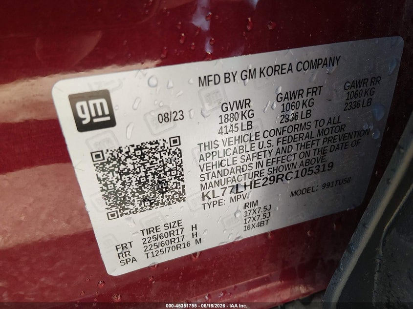 2024 Chevrolet Trax VIN KL77LHE29RC105319 IAAI salvage auction — HAIL, Salvage Title, sold $8,825 on 2026-07-28 (photo 9)