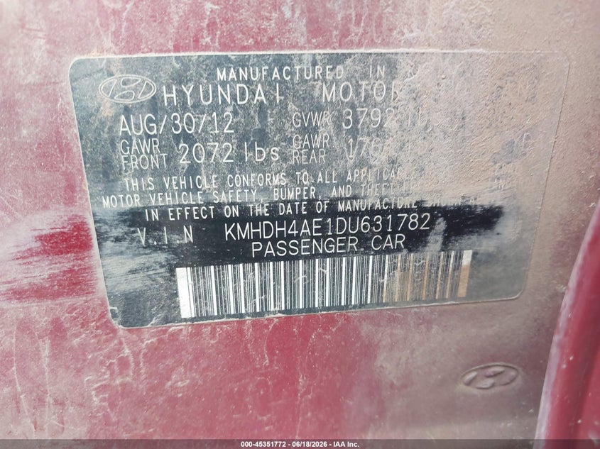 2013 Hyundai Elantra VIN KMHDH4AE1DU631782 IAAI salvage auction — LEFT FRONT, Salvage (Mississippi), sold $375 on 2026-07-23 (photo 9)