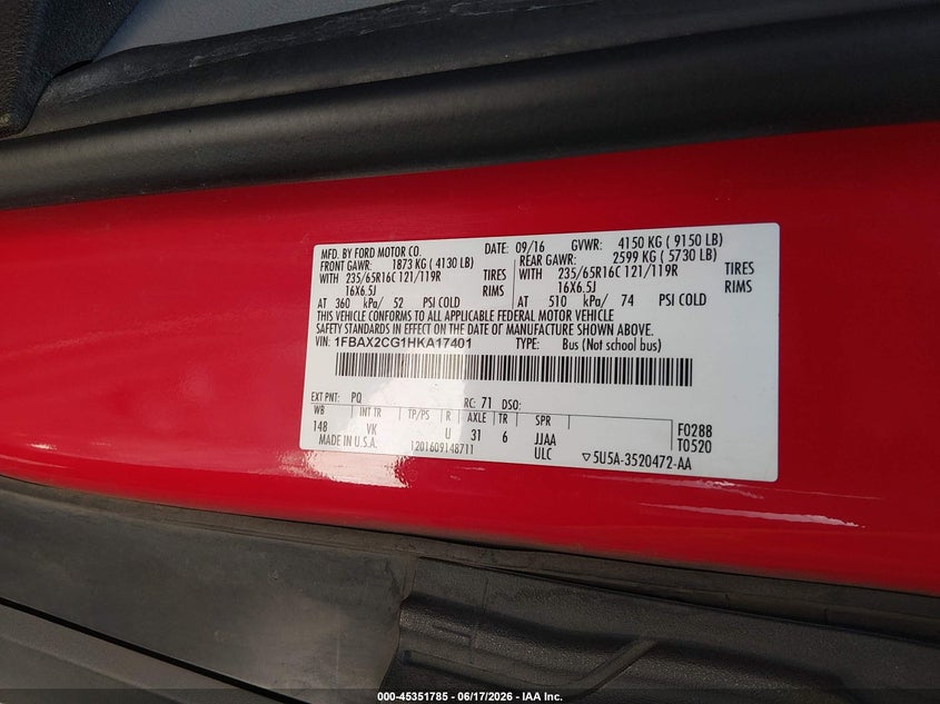 2017 Ford VIN 1FBAX2CG1HKA17401 IAAI salvage auction — FRONT END, Salvage Title, sold $4,450 on 2026-07-11 (photo 9)