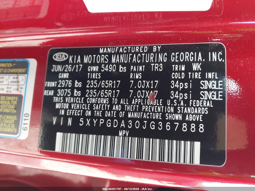 2018 Kia Sorento VIN 5XYPGDA30JG367888 IAAI salvage auction — FRONT END, Mv-907A (New York), sold $2,975 on 2026-07-14 (photo 9)
