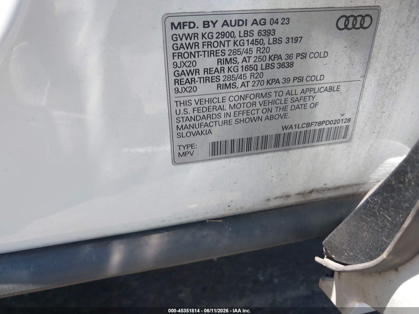 2023 Audi Q7 VIN WA1LCBF78PD020126 IAAI salvage auction — SIDE, Salvage (North Carolina), sold $15,600 on 2026-07-31 (photo 9)