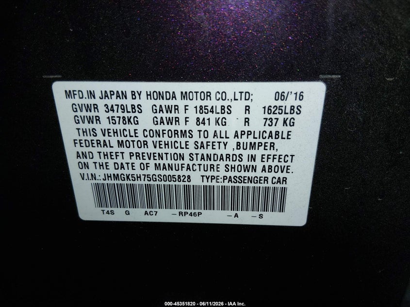 2016 Honda Fit VIN JHMGK5H75GS005828 IAAI salvage auction — FRONT END, Salvage (Idaho), sold $2,100 on 2026-07-24 (photo 9)