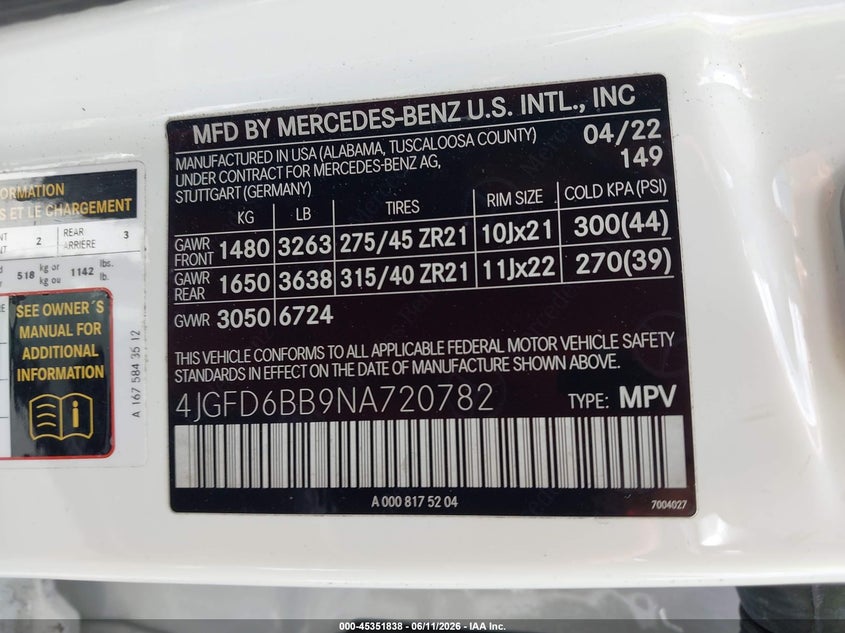 2022 Mercedes-benz VIN 4JGFD6BB9NA720782 IAAI salvage auction — LEFT SIDE, Rebuildable (Florida), sold $40,550 on 2026-07-30 (photo 9)