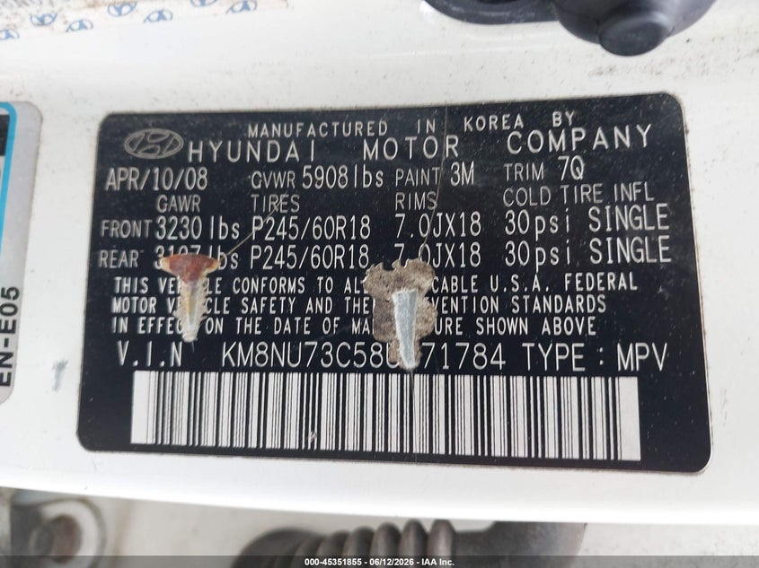 2008 Hyundai Veracruz VIN KM8NU73C58U071784 IAAI salvage auction — FRONT END, Salvage (Massachusetts), sold $25 on 2026-07-09 (photo 9)